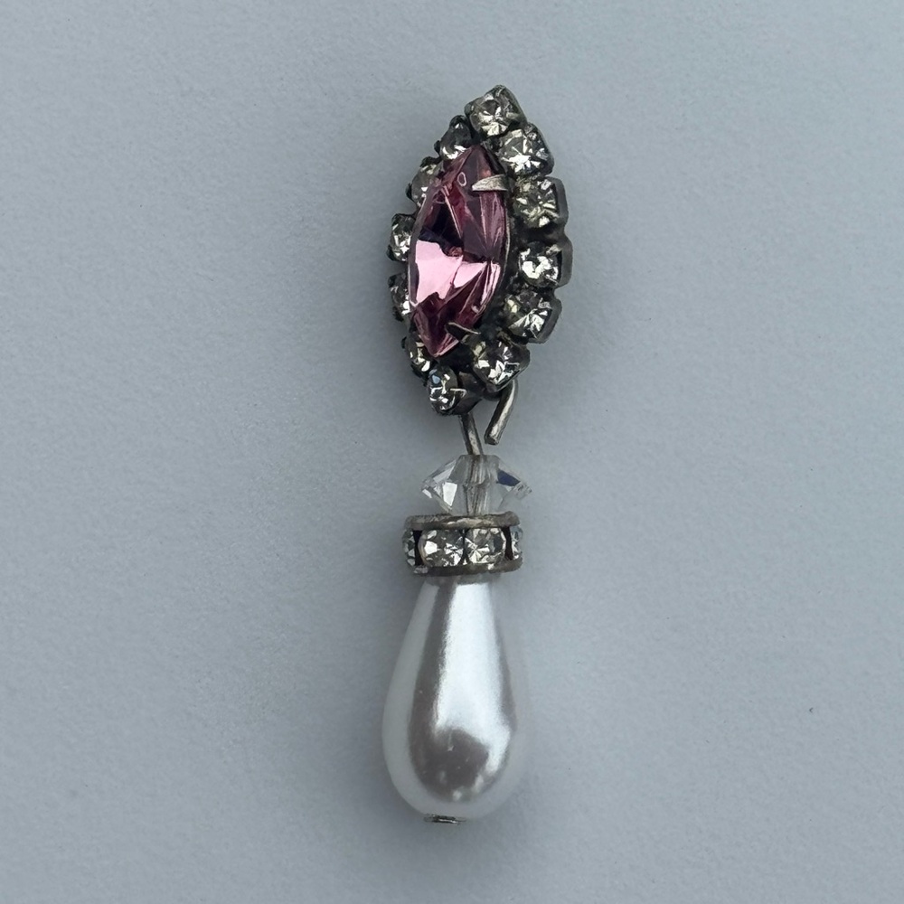 Vintage Pink Rhinestone Pearl Drop Pendant Victorian Antique Silver Tone Charm